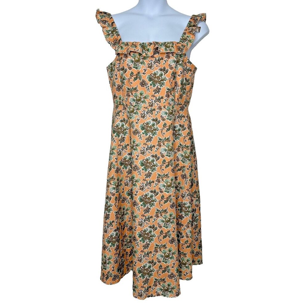 Ann Taylor Linen Floral Midi Dress Size 14 Orange Sleeveless‎ Ruffle